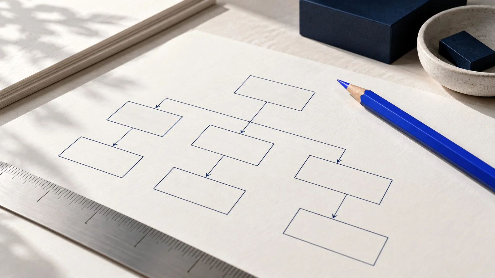 A drafting table with a diagram and a blue pencil.