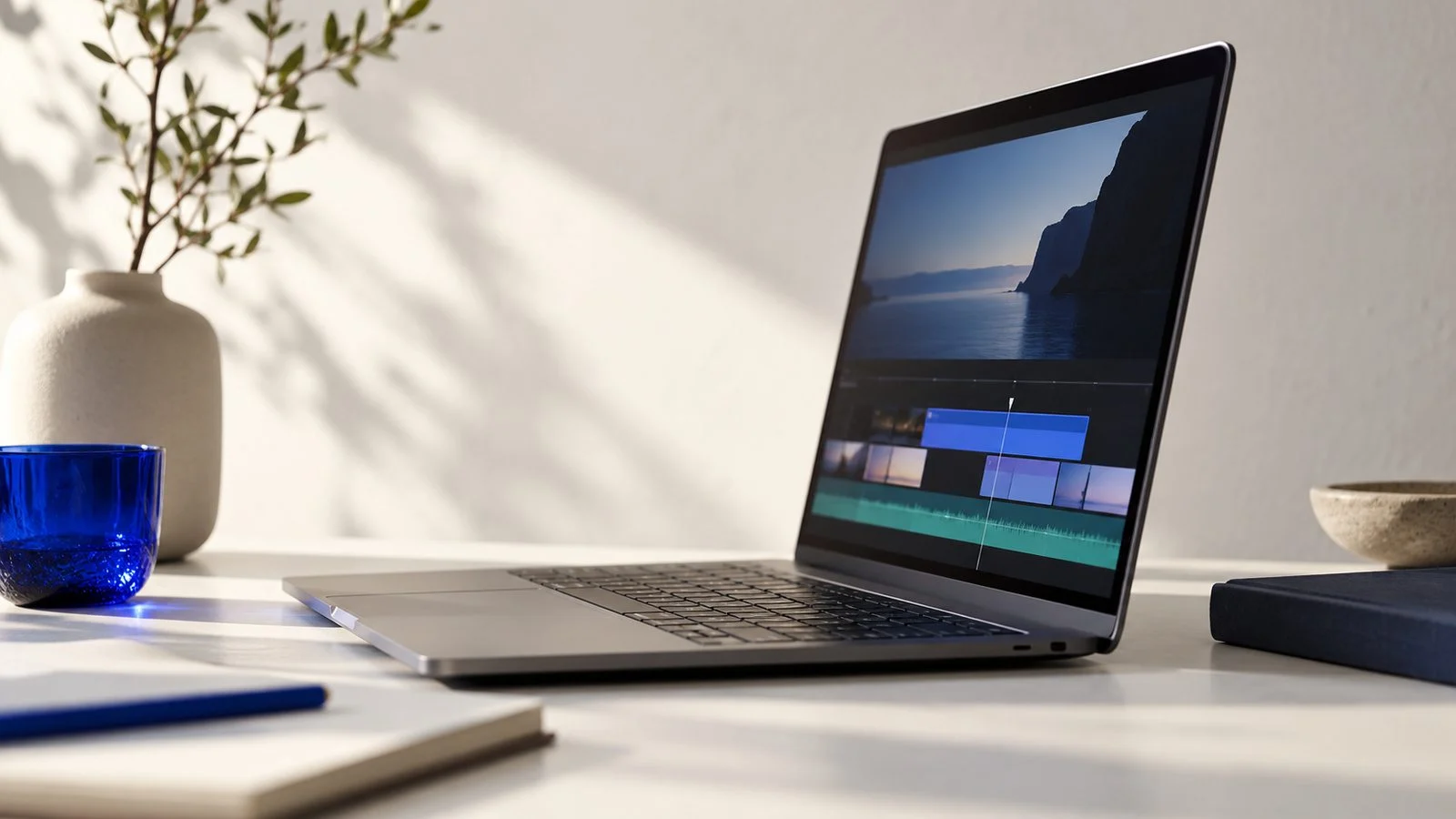 An open laptop showing colored timeline bars.