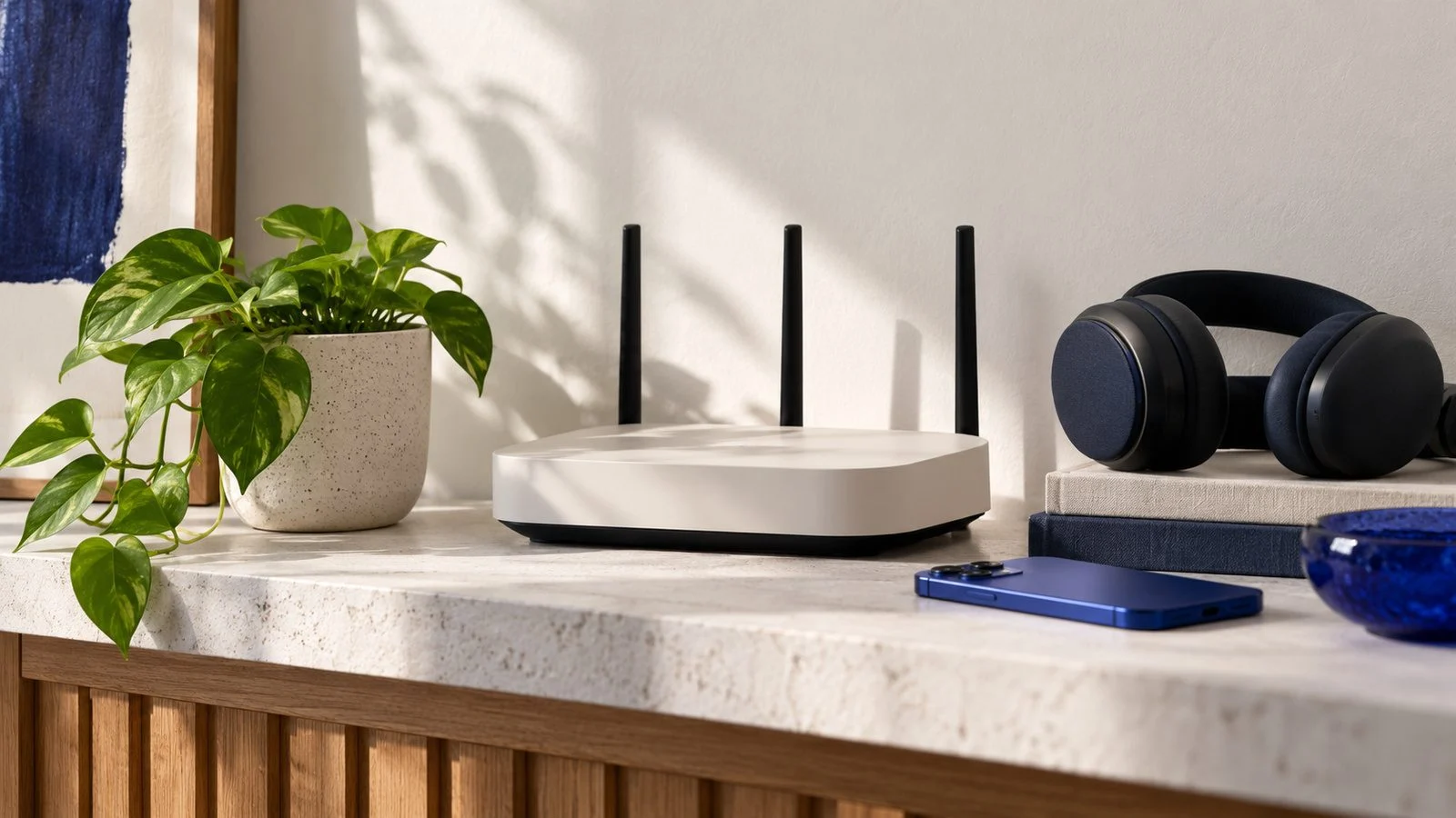 A home shelf with a router, headphones and a phone.