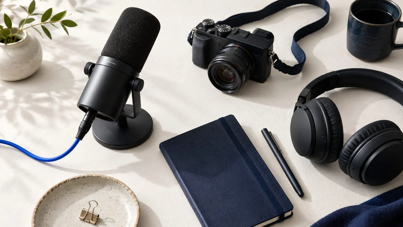 A microphone, camera, headphones and notebook on a desk.