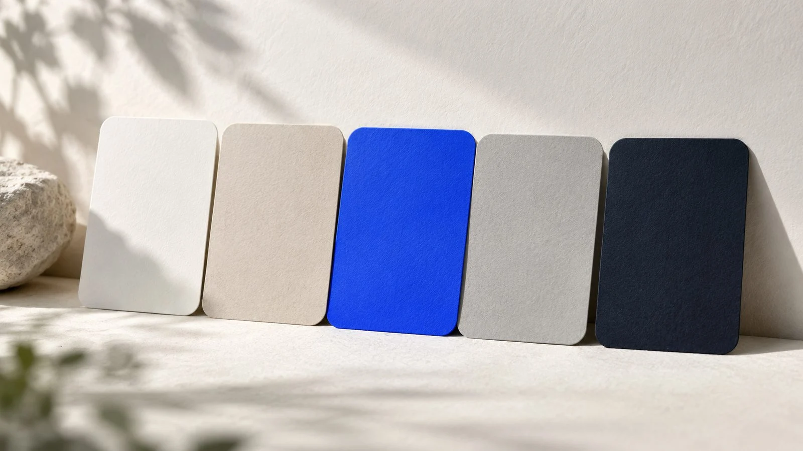 A row of blank tablet shaped cards, one blue.