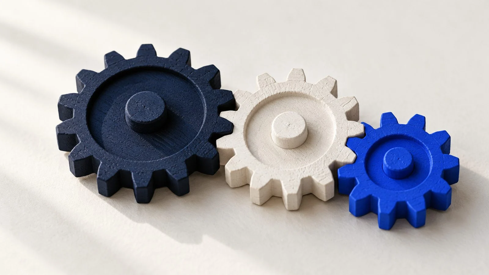Three connected gears, one blue.