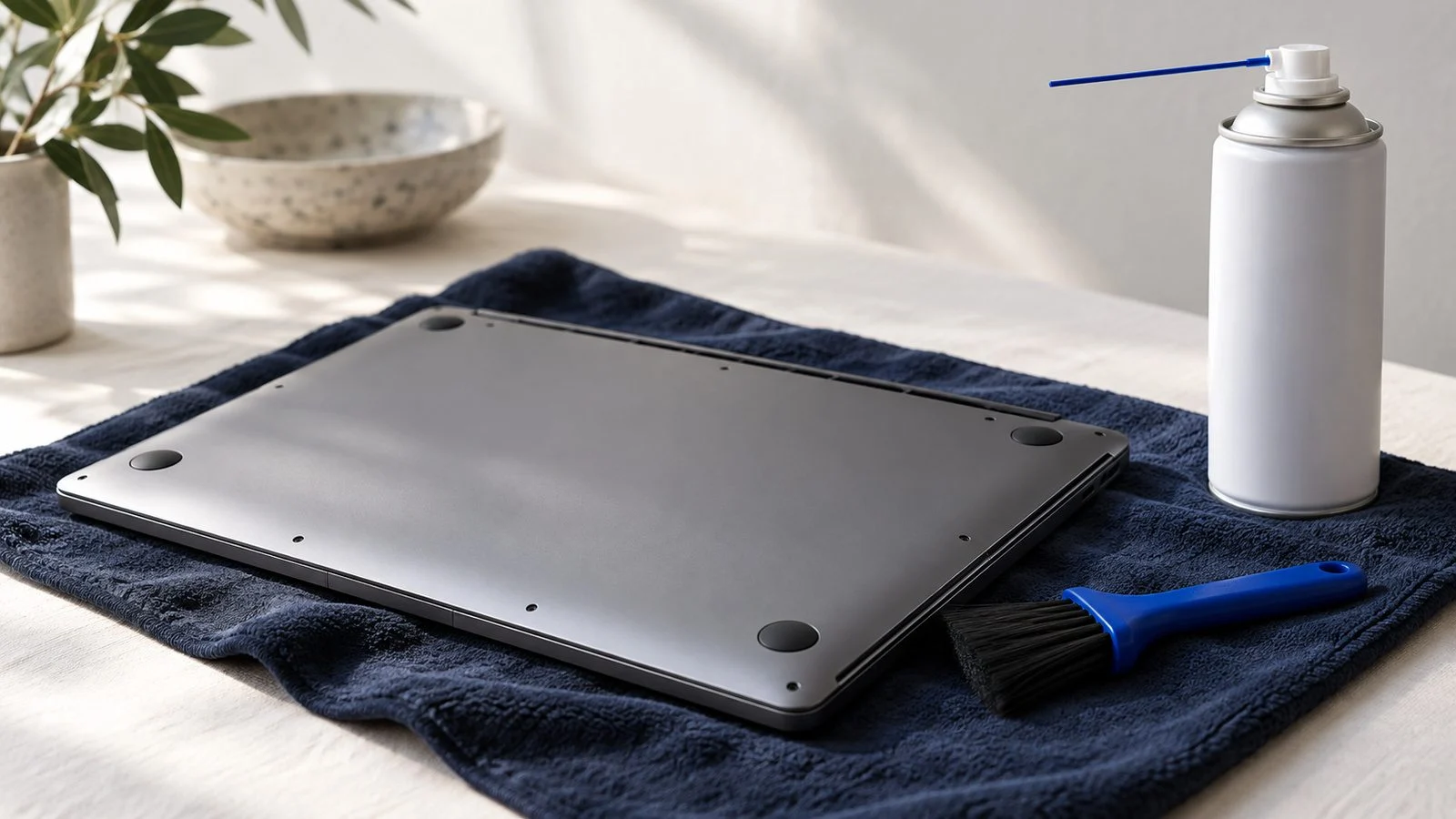 An upside down laptop with a brush and compressed air.