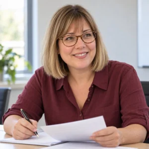 Laura Kessler reviewing documents