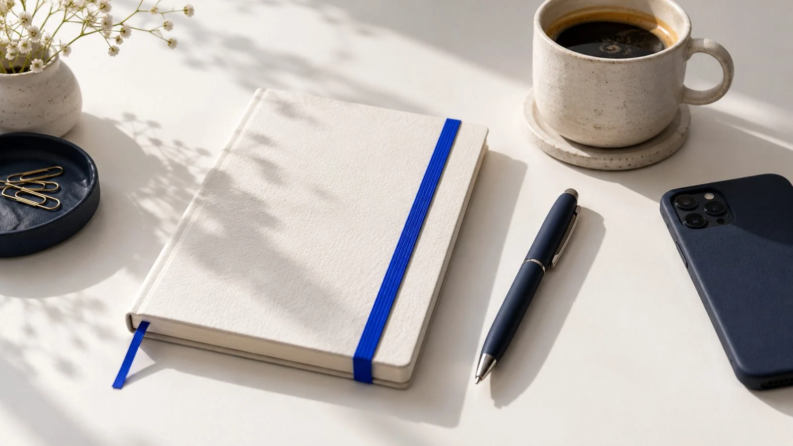 A tidy desk with notebook, phone and coffee.