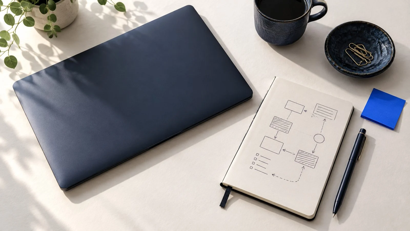 A laptop, a notebook with a sketched diagram and a blue sticky note on a desk.